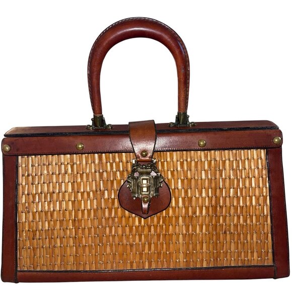 Etienne Aigner Vintage Womens Hand Bag Brown Leather Woven Rattan Satchel Purse